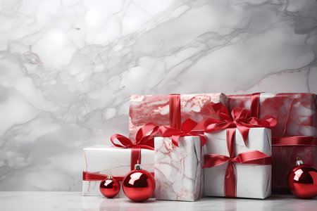Christmas gift boxes with red ribbons on white marble background. Copy spaceの素材