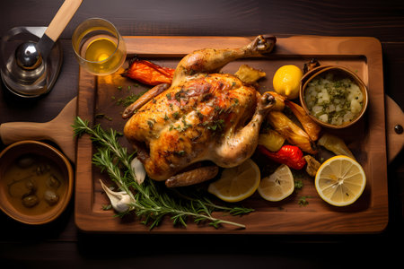 roasted chicken with herbs and vegetables on wooden board, top viewの素材