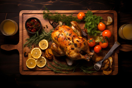 Roasted whole chicken with lemon and vegetables on a wooden board.の素材