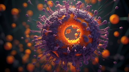 3D illustration of a virus in front of a colorful background.の素材