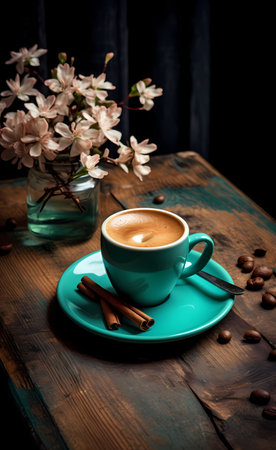 Cup of coffee with spring flowers on wooden table. Vintage style.の素材