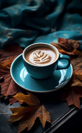 Coffee cup and saucer with coffee beans on dark wooden backgroundの素材
