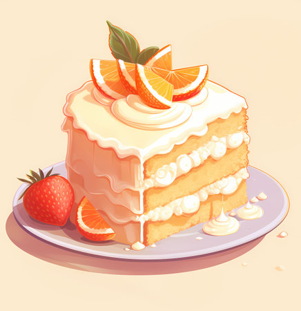 Illustration of a slice of orange cake with whipped cream and strawberriesの素材
