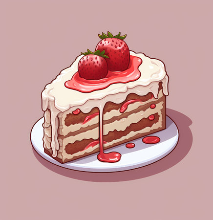 Vector illustration of a piece of cake with strawberries on a plate.の素材