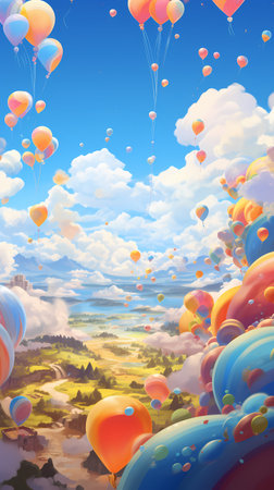 Colorful balloons flying in the blue sky. 3D illustration.の素材