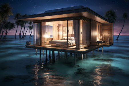 3d rendering of a modern house in the sea at night.の素材