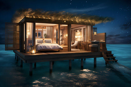 3D rendering of a beautiful wooden house in the sea at nightの素材
