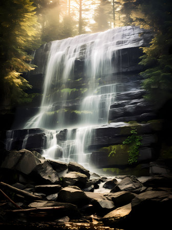Beautiful waterfall in the forest. The concept of active and ecological tourismの素材