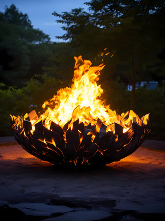 Flames of a bonfire in the garden at night time.の素材