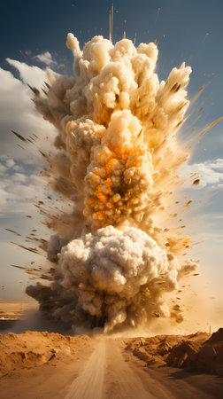 3D illustration of a huge explosion with smoke in the sky.の素材