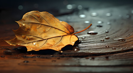 Autumn leaf with water drops on wooden background. Shallow depth of field.の素材