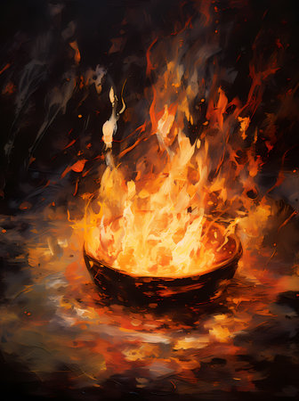 Burning fire in a bowl on a black background. Illustrationの素材