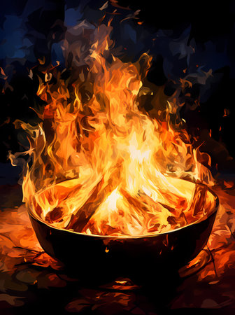 Illustration of a fire in a bowl on a black background.の素材