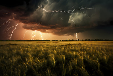 Stormy sky over a field of wheat with lightning in the backgroundの素材