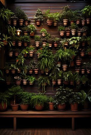 Beautiful indoor plants in pots on wooden shelf. 3D renderingの素材