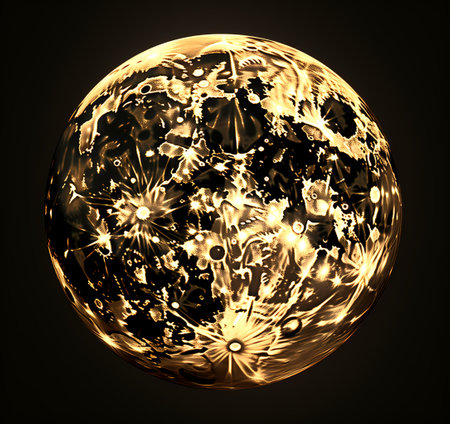 Abstract golden sphere on black background. 3d render. Futuristic technology style.の素材