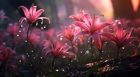 Beautiful pink lily flowers in the forest with bokehの素材