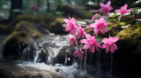 Pink flowers on the waterfall in the rain forest. Selective focus.の素材