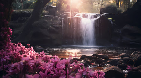 waterfall in the forest at sunset, beautiful photo digital picture.の素材