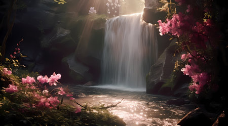 Beautiful waterfall in the forest with pink flowers. Toned.の素材