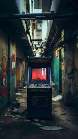 Vintage arcade game machine in an old abandoned building, vintage styleの素材