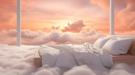 Sunrise over the clouds with a bed in the foreground, 3d renderの素材