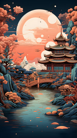 Landscape of chinese temple and lake in the night, illustrationの素材