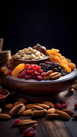 Mix of dried fruits and nuts in wooden bowl on dark background.の素材