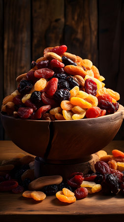 Mix of dried fruits in a wooden bowl on a wooden background.の素材