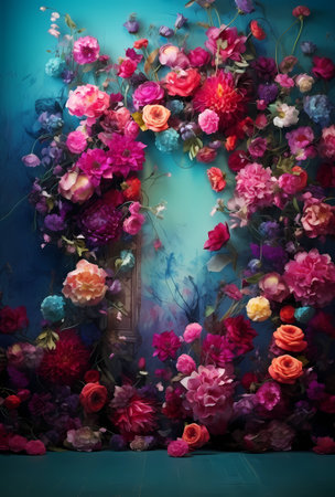 Colorful flowers on a blue background. Roses and peonies.の素材