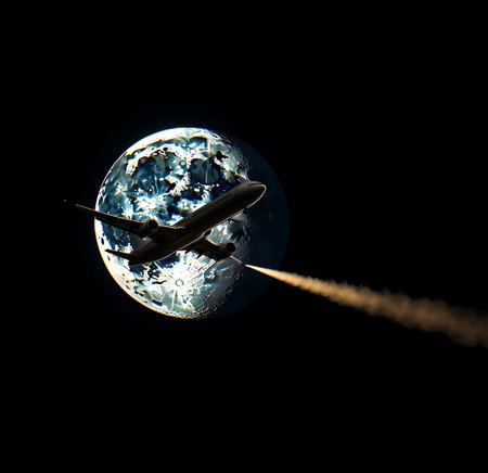 Airplane flying in the night sky with moon and smoke. 3d renderingの素材