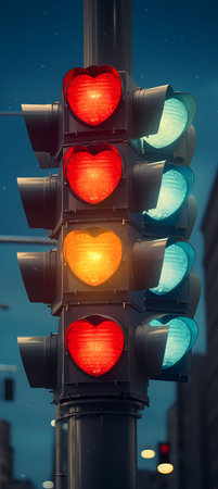 Traffic light with red heart on the background of the night cityの素材