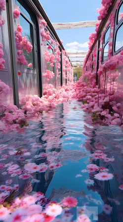 Cherry blossoms blooming in the garden with reflection in waterの素材