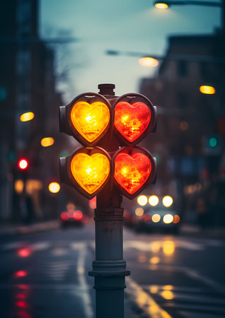 Traffic light with heart shaped lights in the city at night.の素材