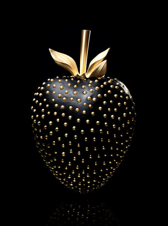 Black heart with gold pattern on black background. 3d illustration.の素材