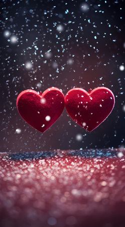 Two red hearts on a dark background with falling snow. Valentines day card.の素材