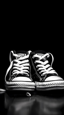 Pair of black and white sneakers on black background with copy spaceの素材