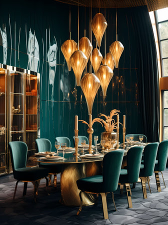 Interior of luxury restaurant with black walls, wooden floor, green chairs and round tables with golden lamps. 3d renderingの素材