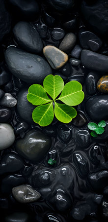 Green clover leaf on black pebbles background, top viewの素材