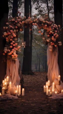Wedding arch decorated with flowers and candles in the forest.の素材