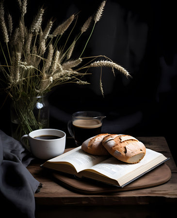 Coffee, bread and book on a wooden table in the bedroomの素材
