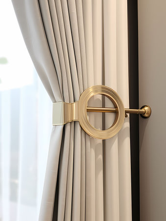 Curtain with golden handle in hotel room, closeup of photoの素材