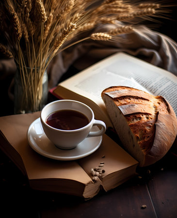Cup of coffee, book and bread on a wooden table.の素材