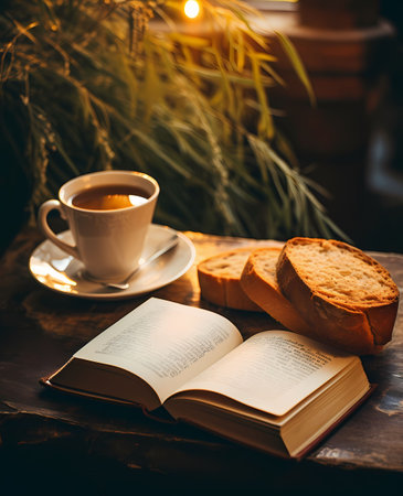 Cup of coffee with bread and book on the table in the morningの素材