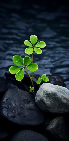 Green clover plant growing on black pebbles in dark waterの素材