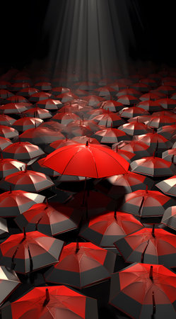 3d illustration of red umbrella over many black umbrellas.の素材