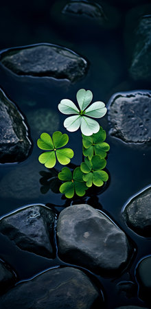 Green clover plant growing on pebbles in dark water.の素材