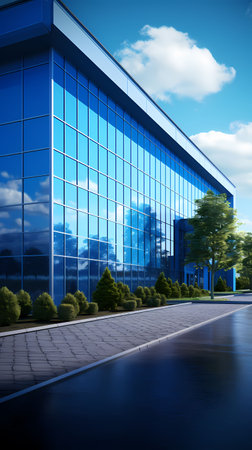 Modern office building with reflection on glass wall. 3D Renderingの素材