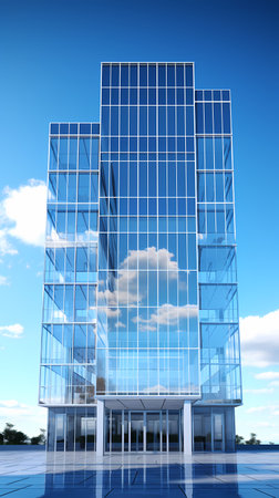 3D render of a modern office building with clouds in the skyの素材
