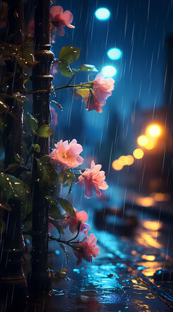 Rainy night in the city. Beautiful flowers in the rain.の素材